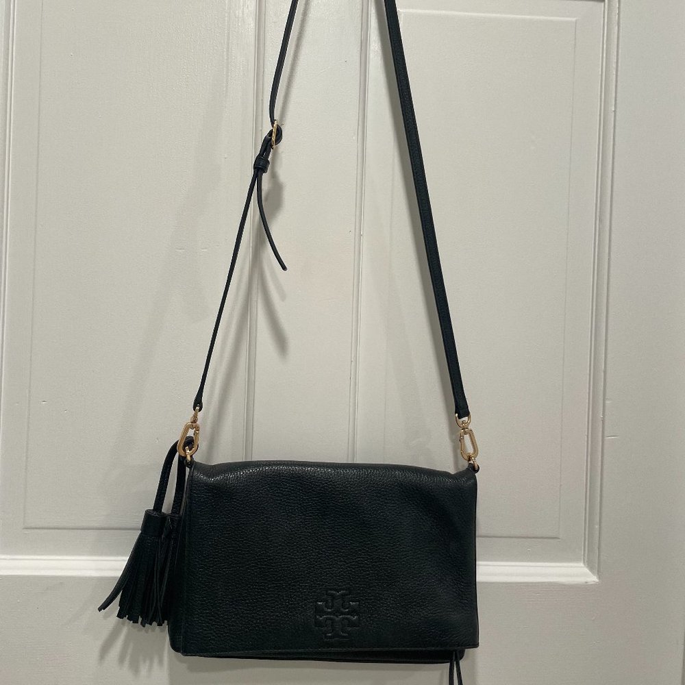 Tory Burch Black Leather Fold Over Purse with tassels